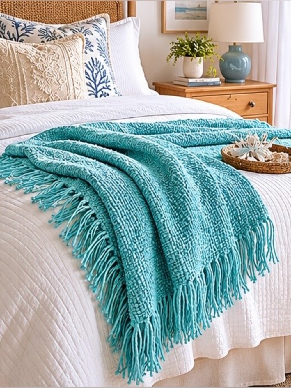 Kennebunk Home Campbell Aqua Seafoam Chenille Luxury Throw Blanket Fringe USA